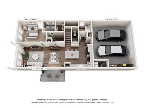 The Arbor floor plan at Mural Lewis Center featuring open-concept living, two-car garage, and designer finishes.